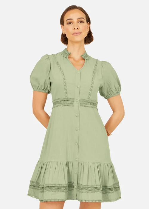 Yumi Green Cotton Lace Trim Skater Shirt Dress - 8 Image 2