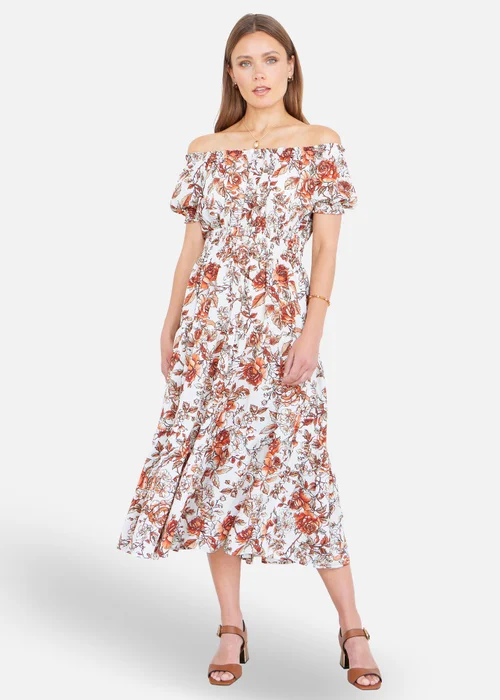 Yumi Orange Floral Ruched Waist Midi Dress - 14 Image 1