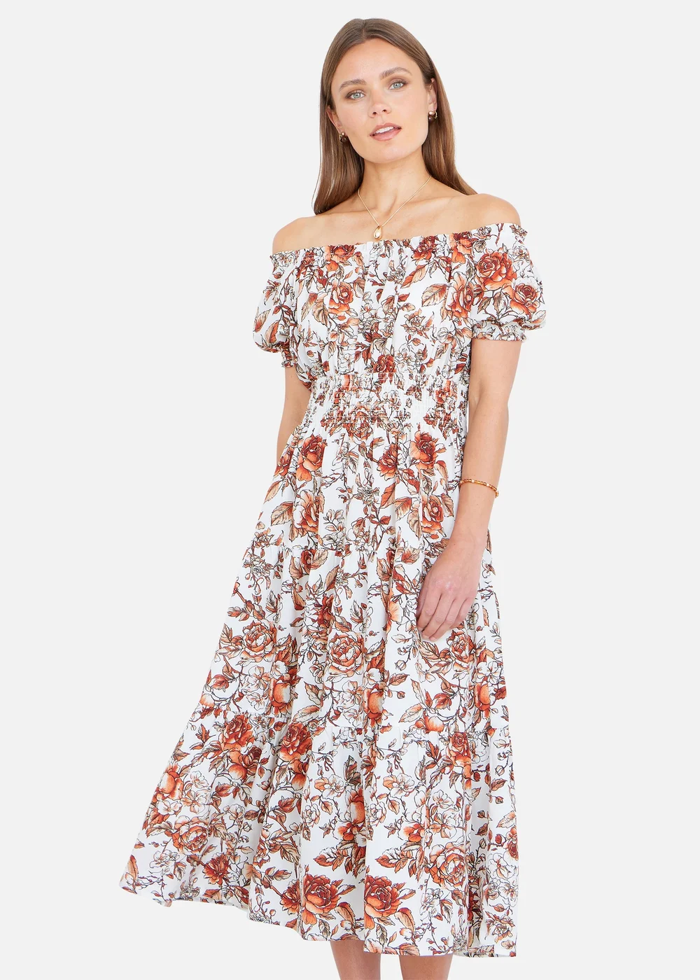 Yumi Orange Floral Ruched Waist Midi Dress - 14 Image 2