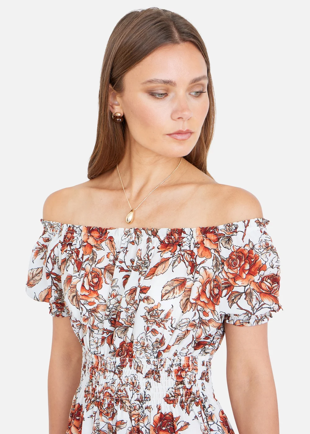 Yumi Orange Floral Ruched Waist Midi Dress - 14 Image 3