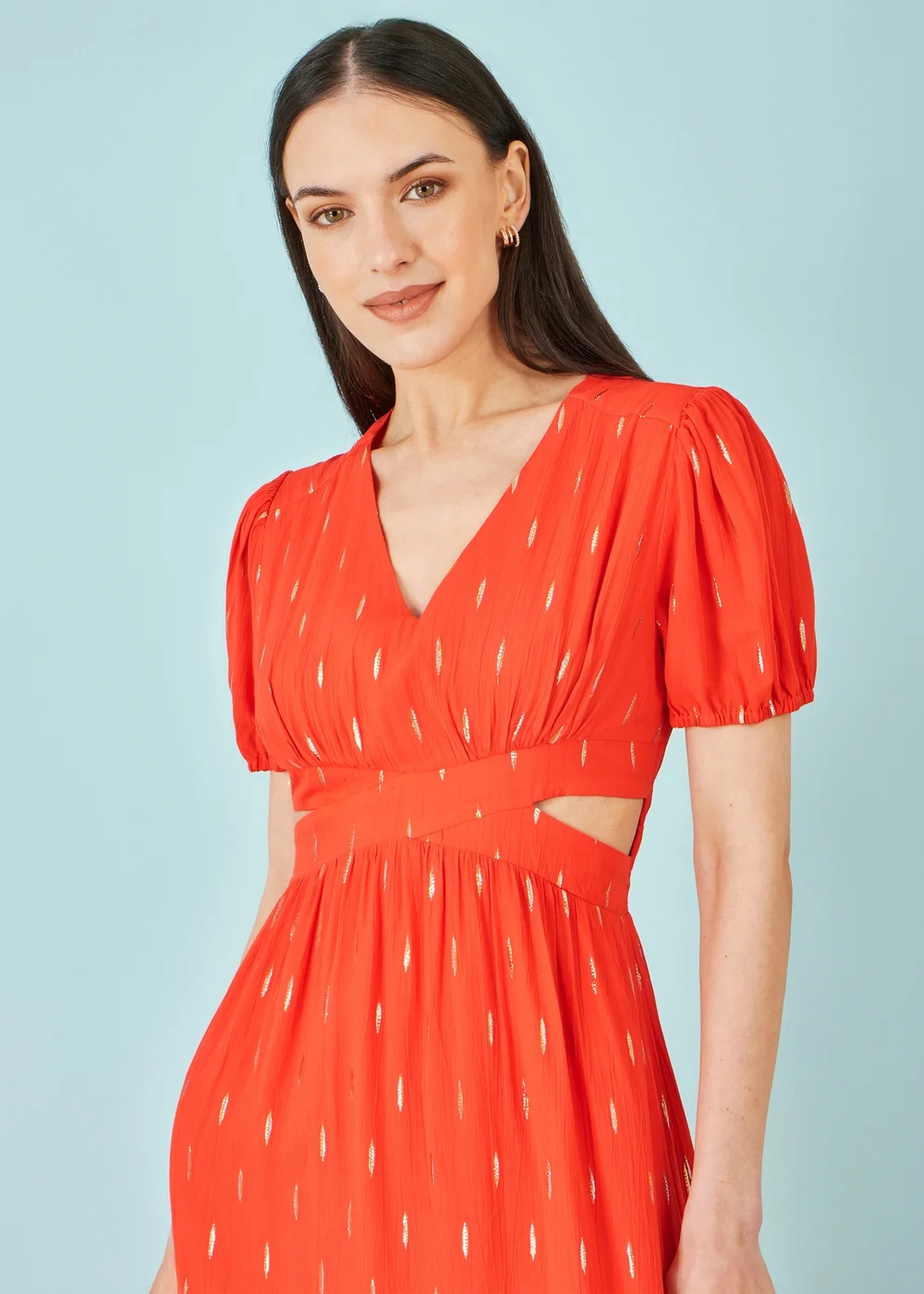 Yumi Orange Foil Print Viscose Cut Out Midi Dress - 16 Image 3