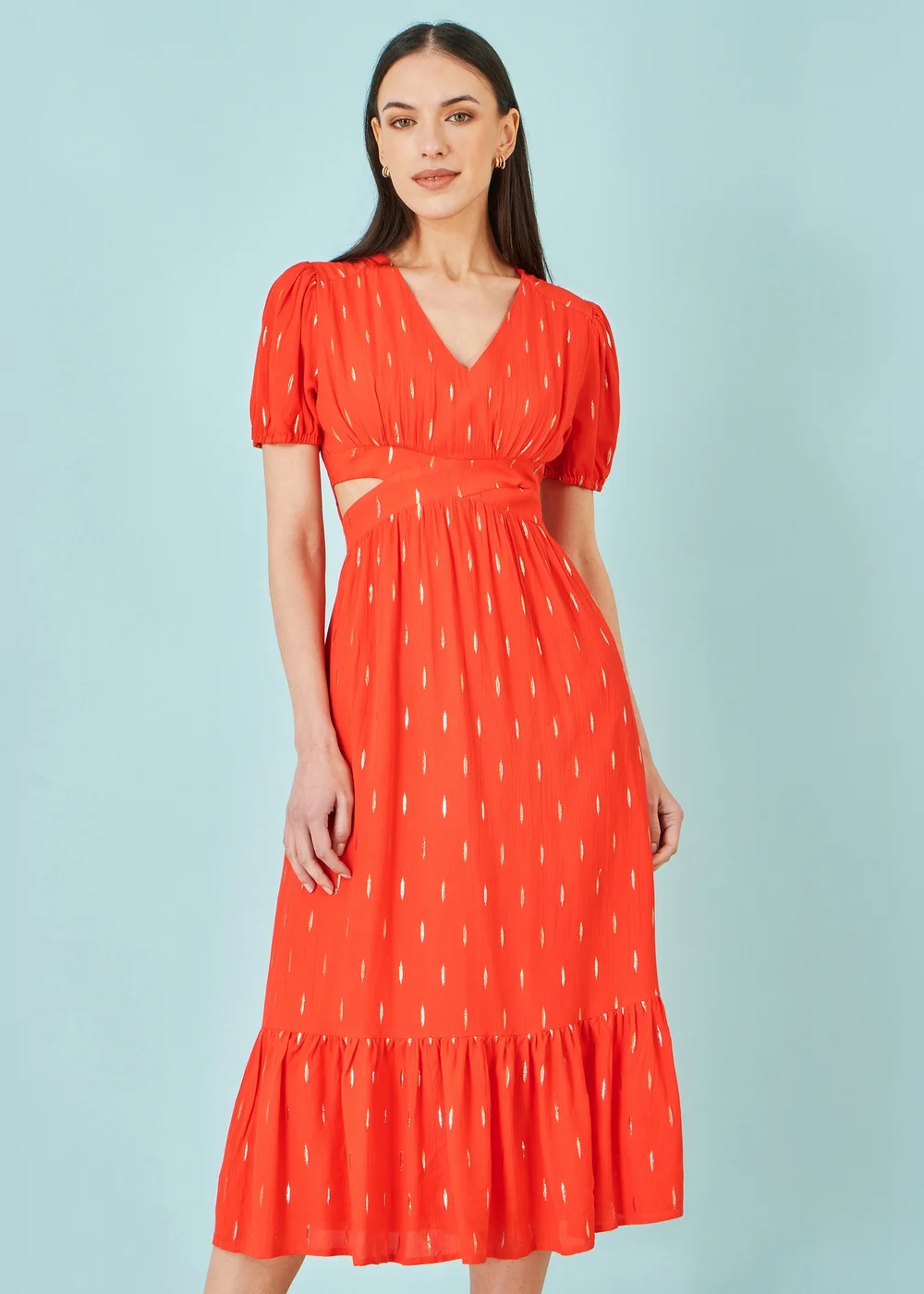 Yumi Orange Foil Print Viscose Cut Out Midi Dress - 16 Image 1