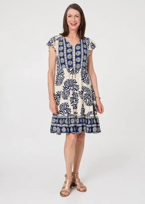 Izabel London Blue Floral Border Print Knee Length Dress - 14 Image 1