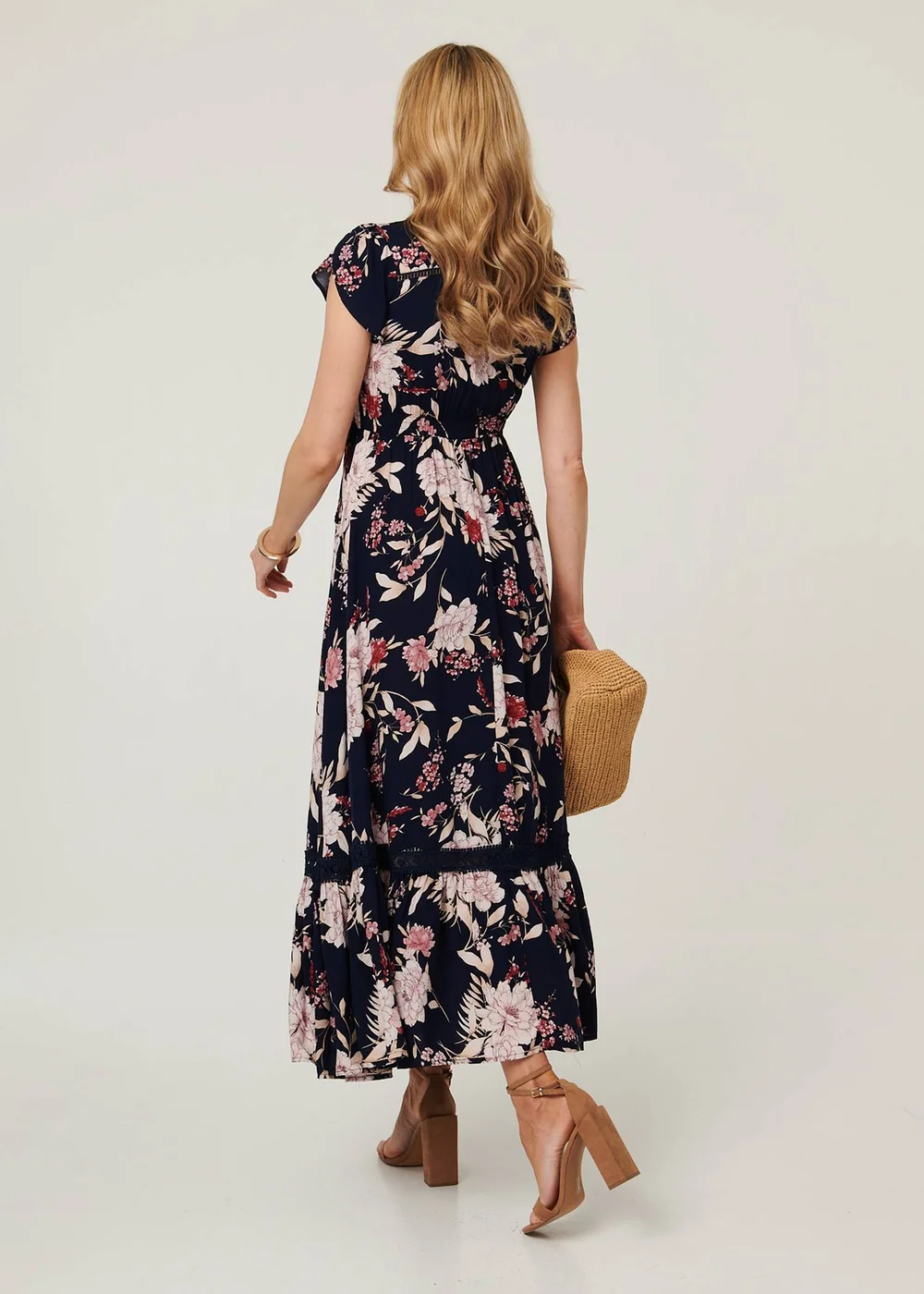 Izabel London Navy Floral Cap Sleeve Shirred Maxi Dress - 12 Image 3