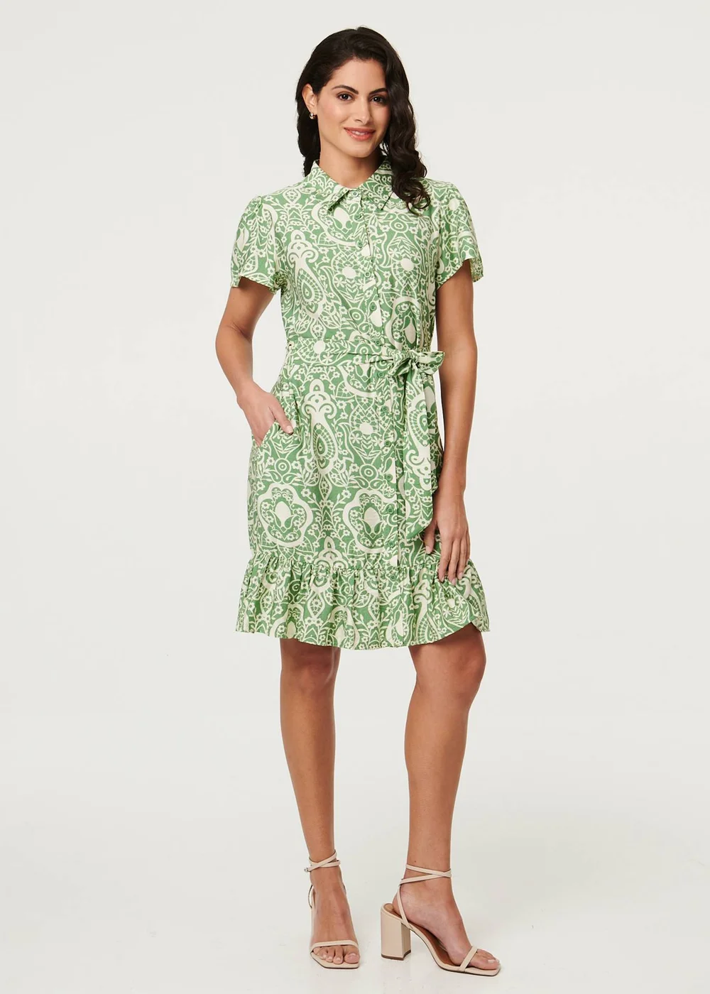 Izabel London Green Printed Short Sleeve Tie Short Dress - 14 Image 1
