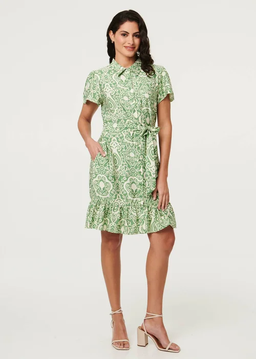 Izabel London Green Printed Short Sleeve Tie Short Dress - 14 Image 1