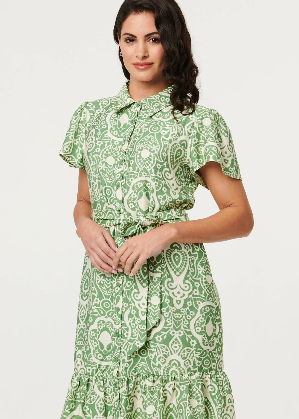 Izabel London Green Printed Short Sleeve Tie Short Dress - 14 Image 2