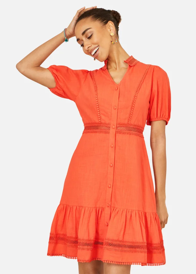 Yumi Orange Cotton Lace Trim Skater Shirt Dress