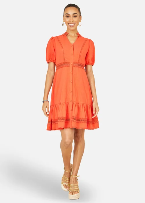 Yumi Orange Cotton Lace Trim Skater Shirt Dress - 8 Image 1
