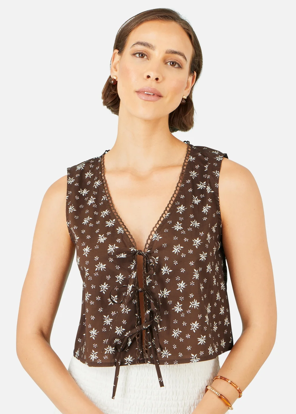 Yumi Brown Cotton Daisy Print Waistcoat Top - 8 Image 1