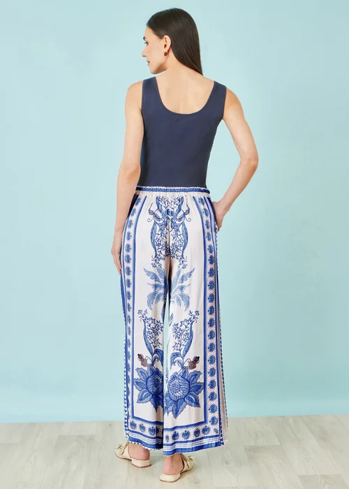 Yumi Blue Satin Print Placement Relaxed Trousers - M Image 2