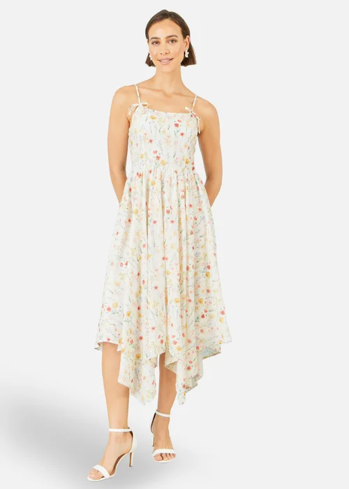 Yumi White Botanical Embroidery Fabric Handkerchief Hem Dress - 12 Image 1