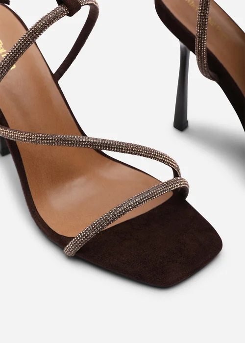 Where's That From Betsy High Heel Dark Brown Faux Suede Sandal With Diamante Detail & Square Toe - 8 Image 5