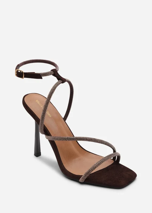 Where's That From Betsy High Heel Dark Brown Faux Suede Sandal With Diamante Detail & Square Toe - 8 Image 3
