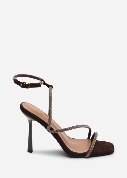Where's That From Betsy High Heel Dark Brown Faux Suede Sandal With Diamante Detail & Square Toe - 8 Image 2