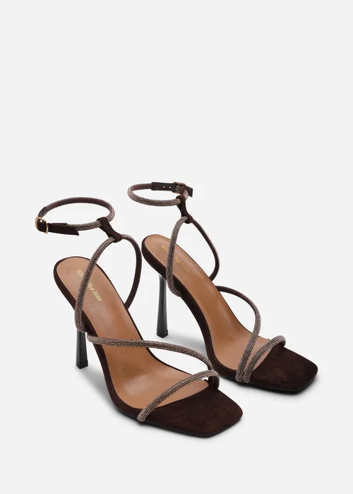 Where's That From Betsy High Heel Dark Brown Faux Suede Sandal With Diamante Detail & Square Toe - 8 Image 4