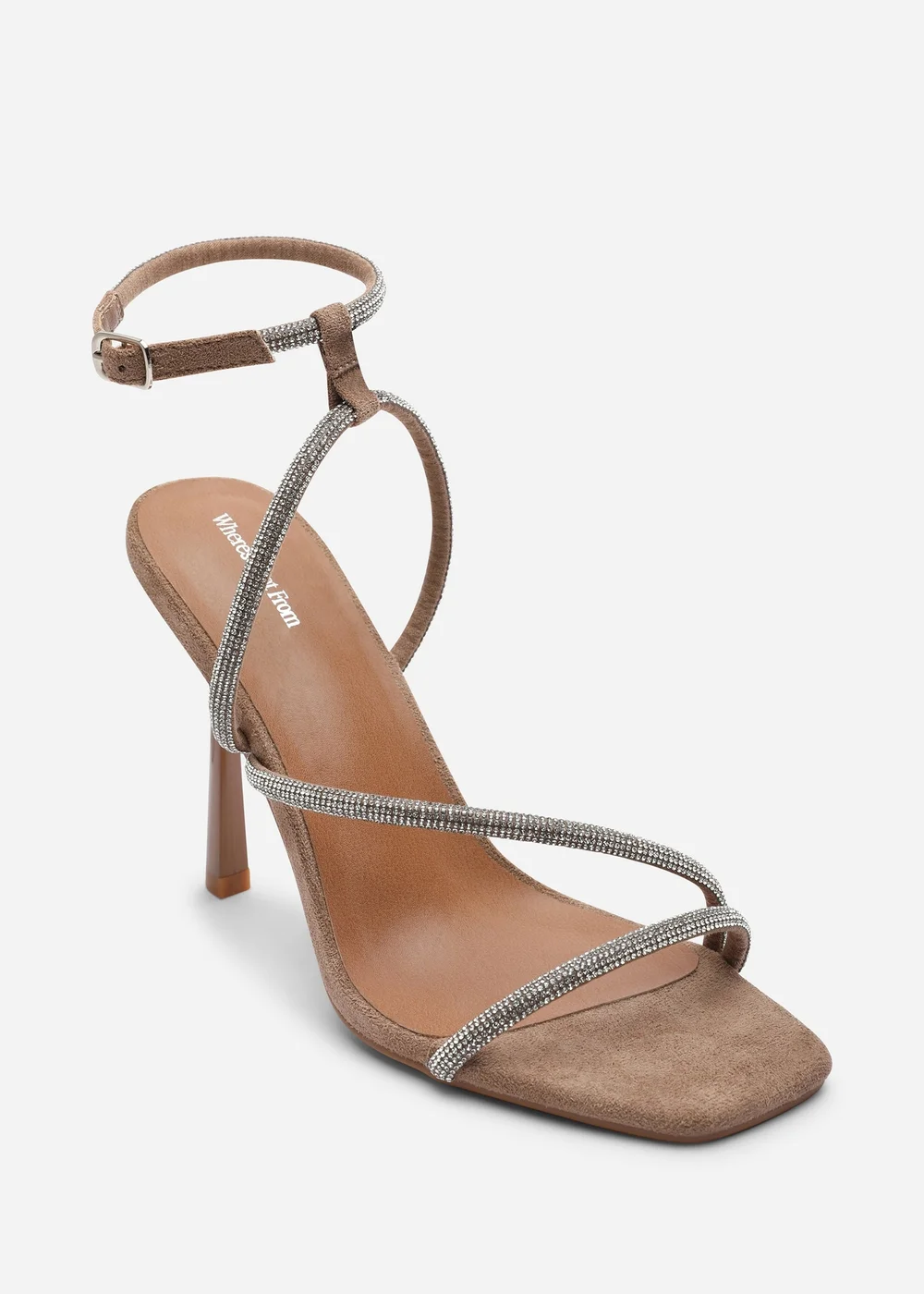 Where's That From Betsy High Heel Camel Faux Suede Sandal With Diamante Detail & Square Toe - 8 Image 3