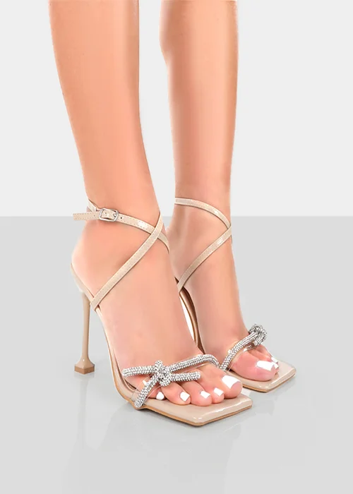 Public Desire Glitter Nude Wrap Around Diamante Bow Square Toe Heels - Size 7 Image 1