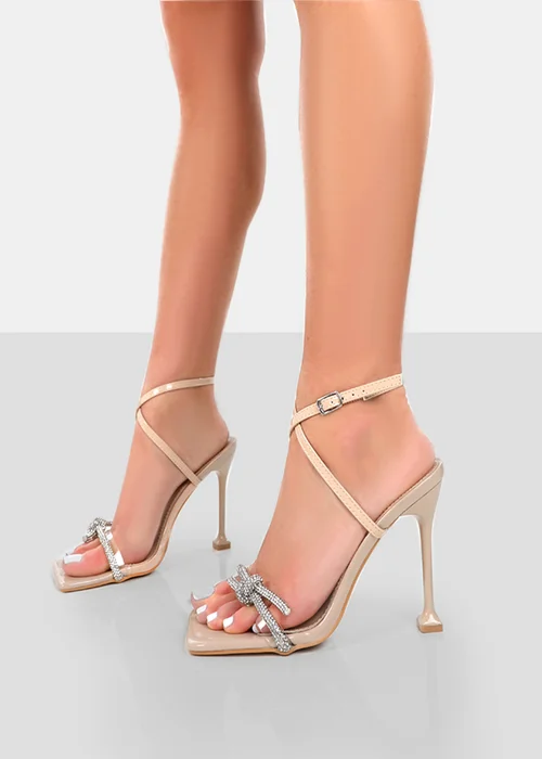 Public Desire Glitter Nude Wrap Around Diamante Bow Square Toe Heels - Size 7 Image 4