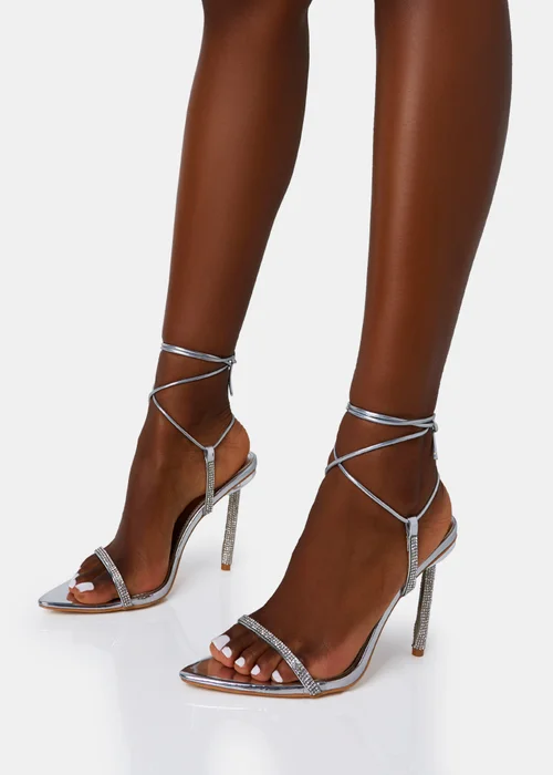 Public Desire Dream Silver Mirror Strappy Diamante Heel Detail Pointed Toe Stiletto - Size 7 Image 4