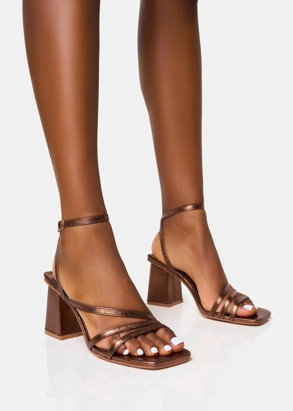 Public Desire Robin Bronze Strappy Square Toe Mid Block Heels - Size 3 Image 1