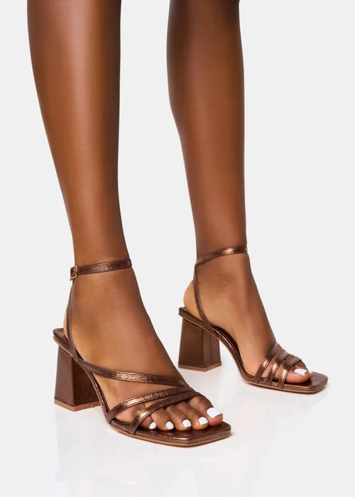 Public Desire Robin Bronze Strappy Square Toe Mid Block Heels - Size 3 Image 1
