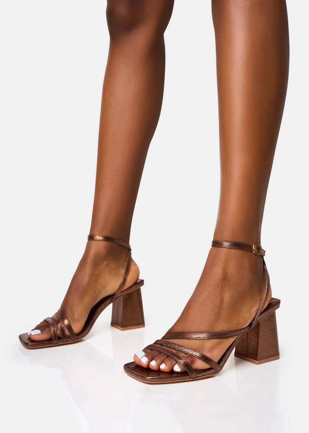 Public Desire Robin Bronze Strappy Square Toe Mid Block Heels - Size 3 Image 3