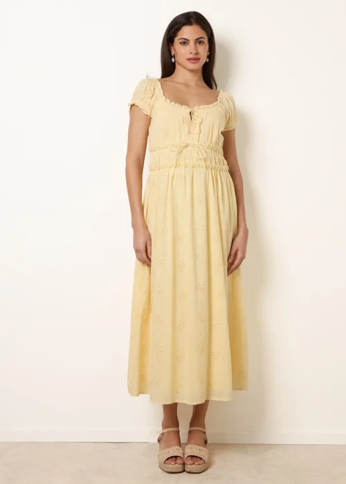 Blue Vanilla Yellow Broderie Front Tie Midi Dress - M Image 1