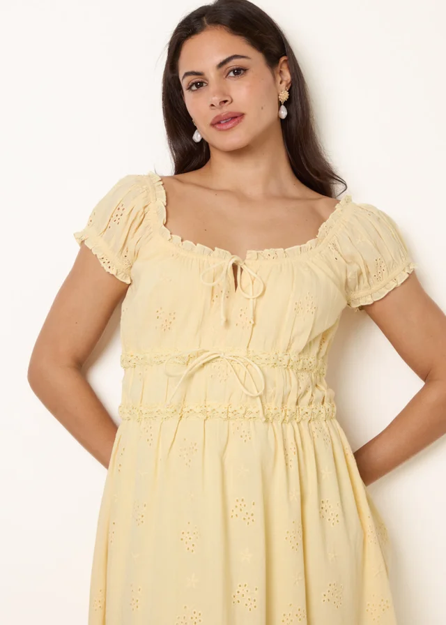 Blue Vanilla Yellow Broderie Front Tie Midi Dress
