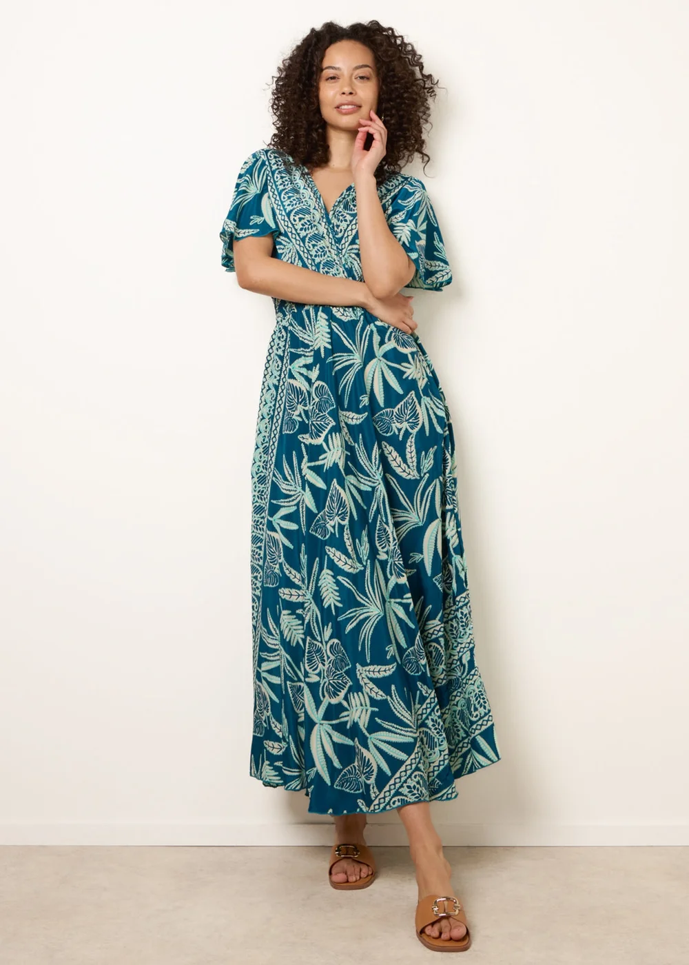 Blue Vanilla Turquoise Wrap Over Angel Sleeve Shirred Maxi Dress - M/L Image 1
