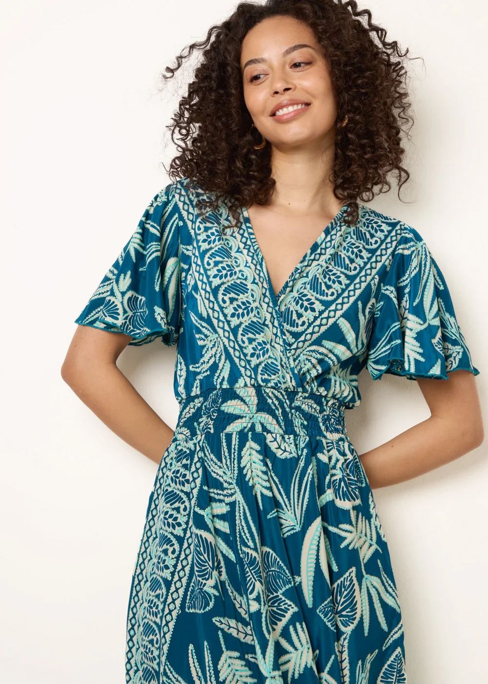 Blue Vanilla Turquoise Wrap Over Angel Sleeve Shirred Maxi Dress - M/L Image 2