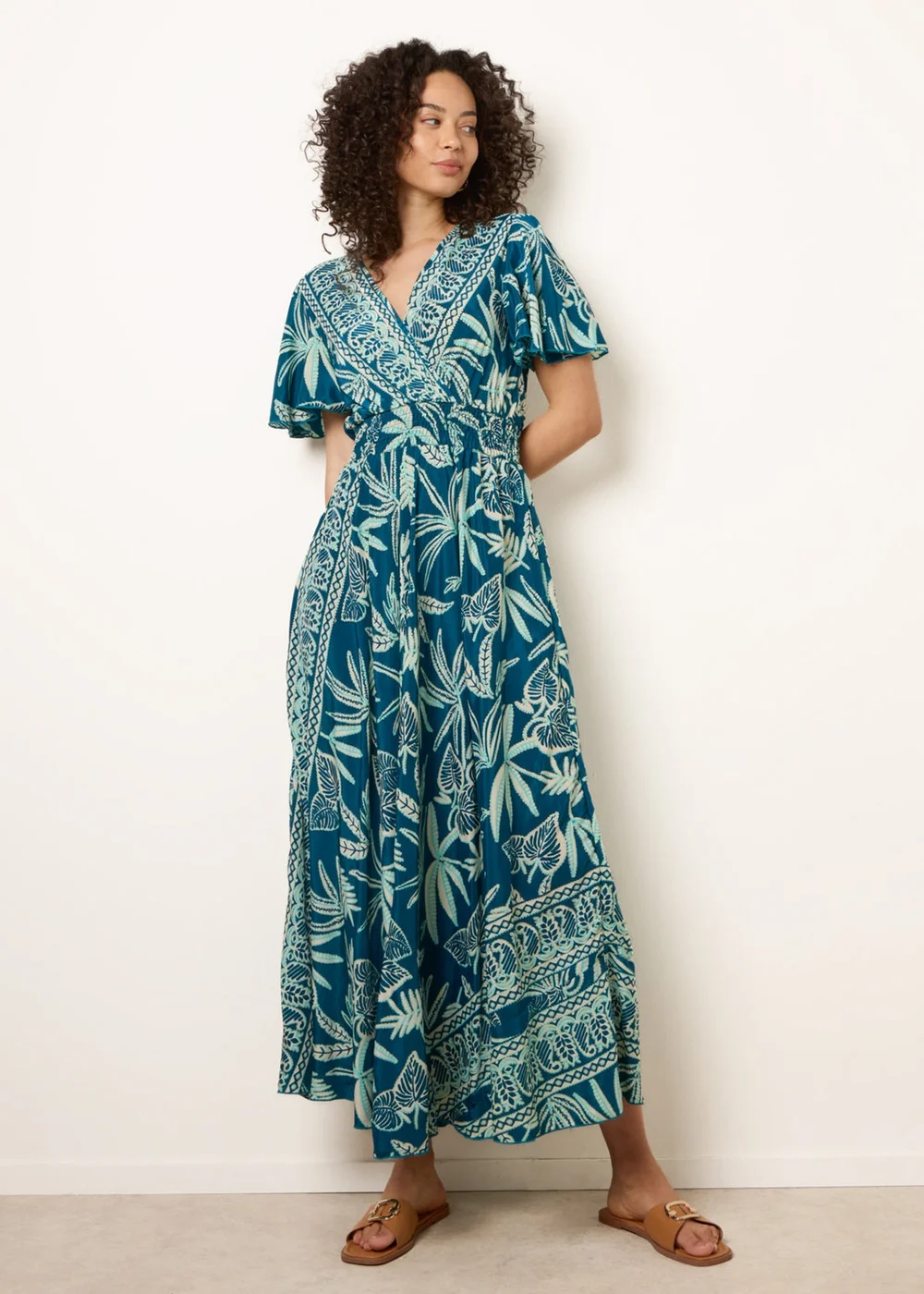 Blue Vanilla Turquoise Wrap Over Angel Sleeve Shirred Maxi Dress - M/L Image 3