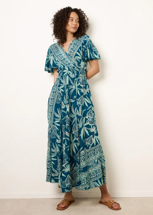 Blue Vanilla Turquoise Wrap Over Angel Sleeve Shirred Maxi Dress - M/L Image 3