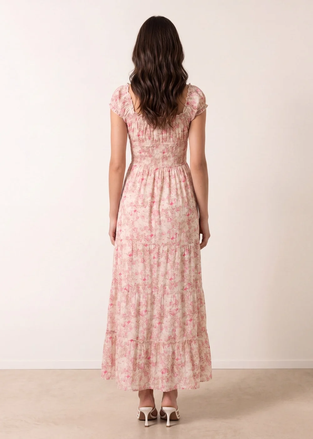 Blue Vanilla Pink Double Front Tie Shirred Ditsy Floral Maxi Dress - M Image 4