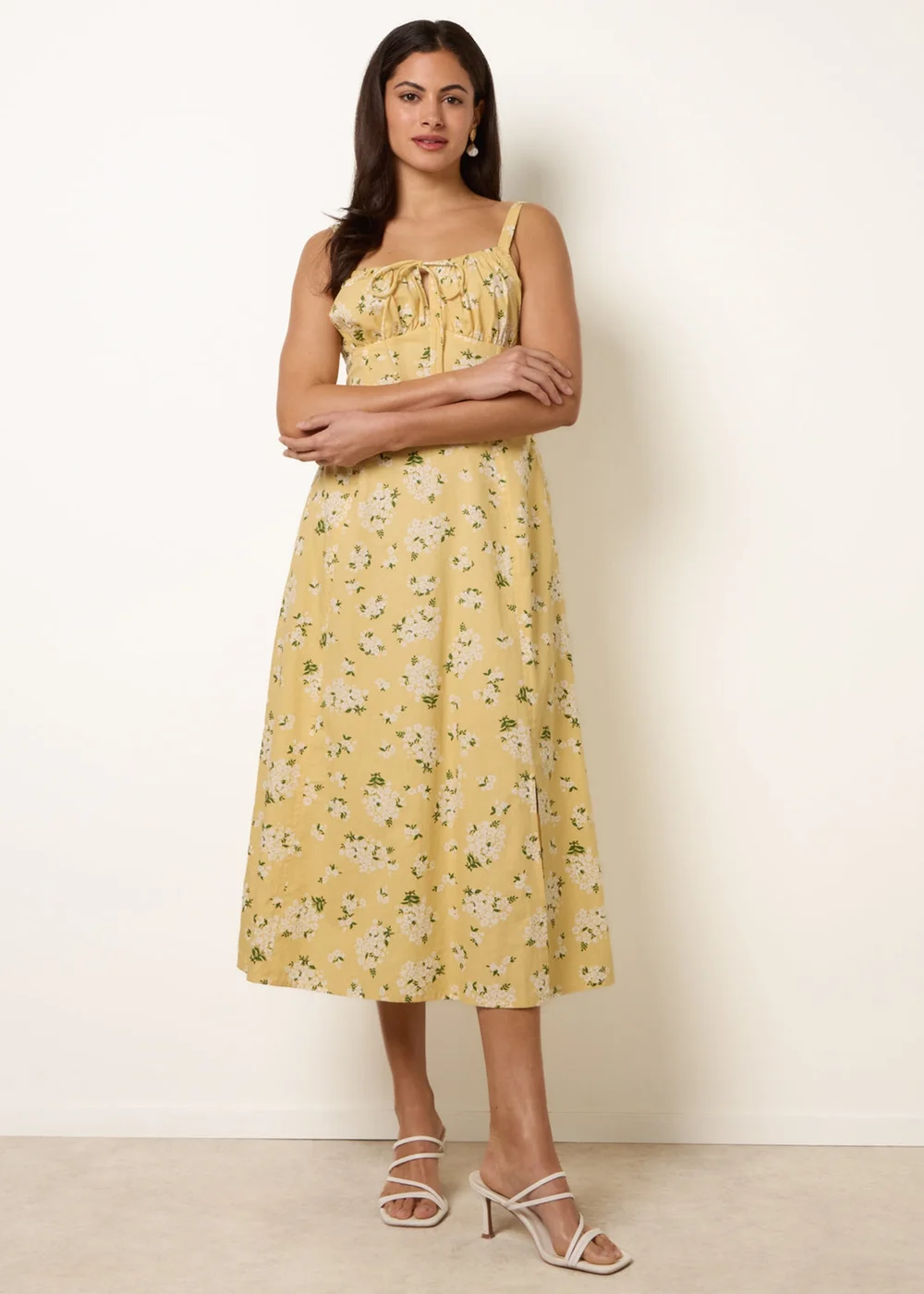 Blue Vanilla Yellow Midi Milkmaid Floral Dress - M Image 3