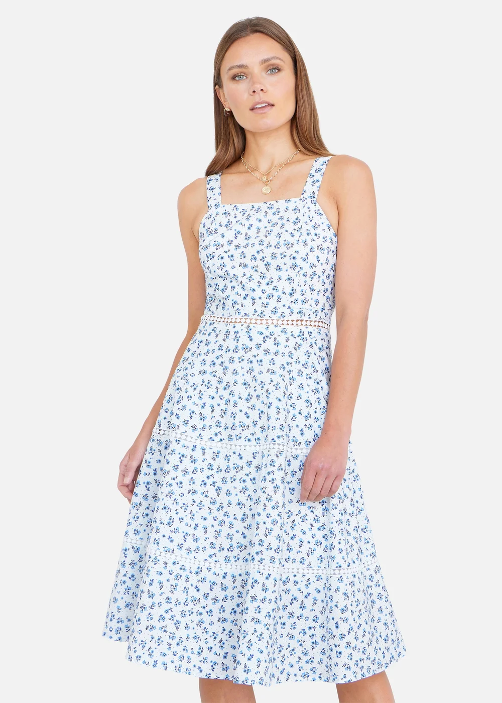 Yumi White Ditsy Floral Cotton Midi Sun Dress With Lace Trims - 16 Image 2