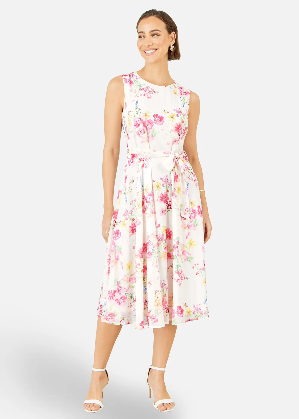 Yumi White Delicate Floral Midi Skater Dress - 14 Image 1