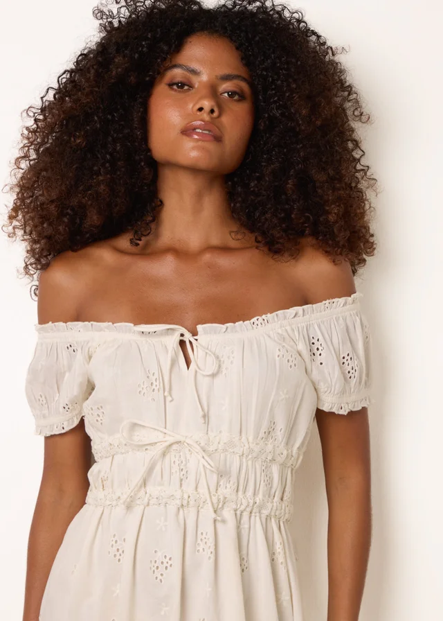Blue Vanilla Ivory Broderie Front Tie Midi Dress
