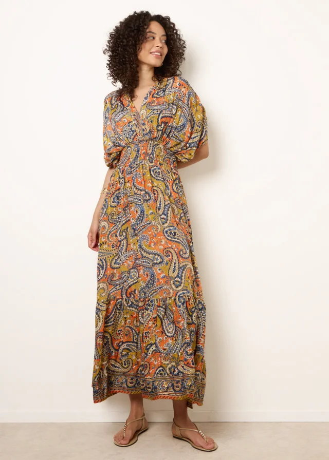 Blue Vanilla Multi Gathered Sleeve V-Neck Maxi Dress