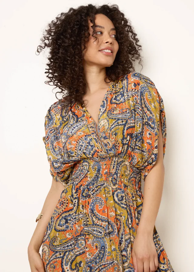 Blue Vanilla Multi Gathered Sleeve V-Neck Maxi Dress