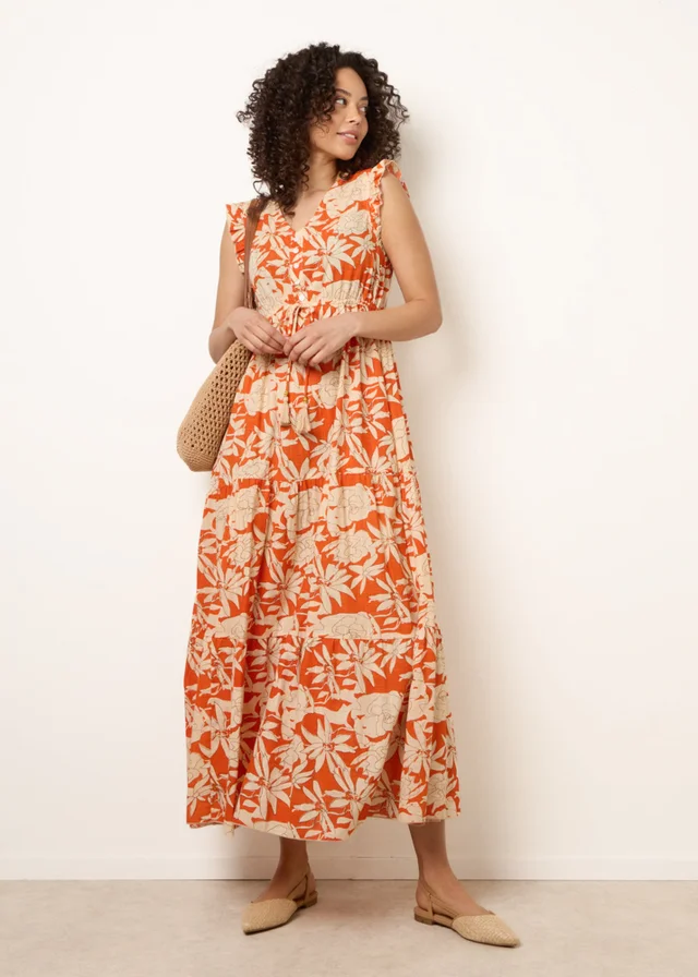 Blue Vanilla Orange Button Frill Sleeve Dress