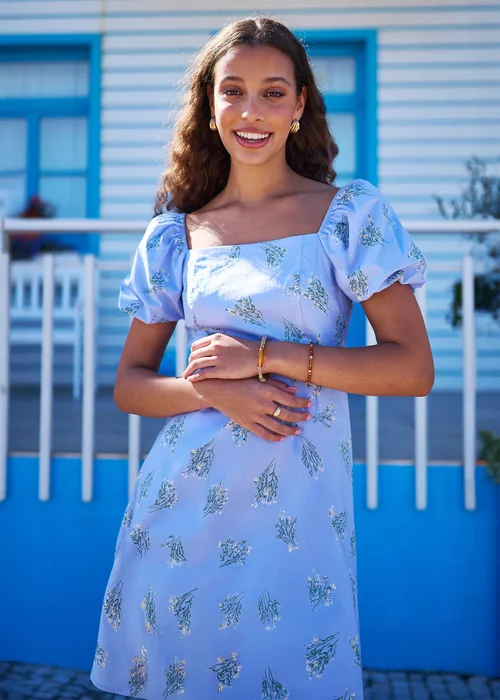 Yumi Blue Cotton Floral Puff Sleeve Skater Dress - 10 Image 3