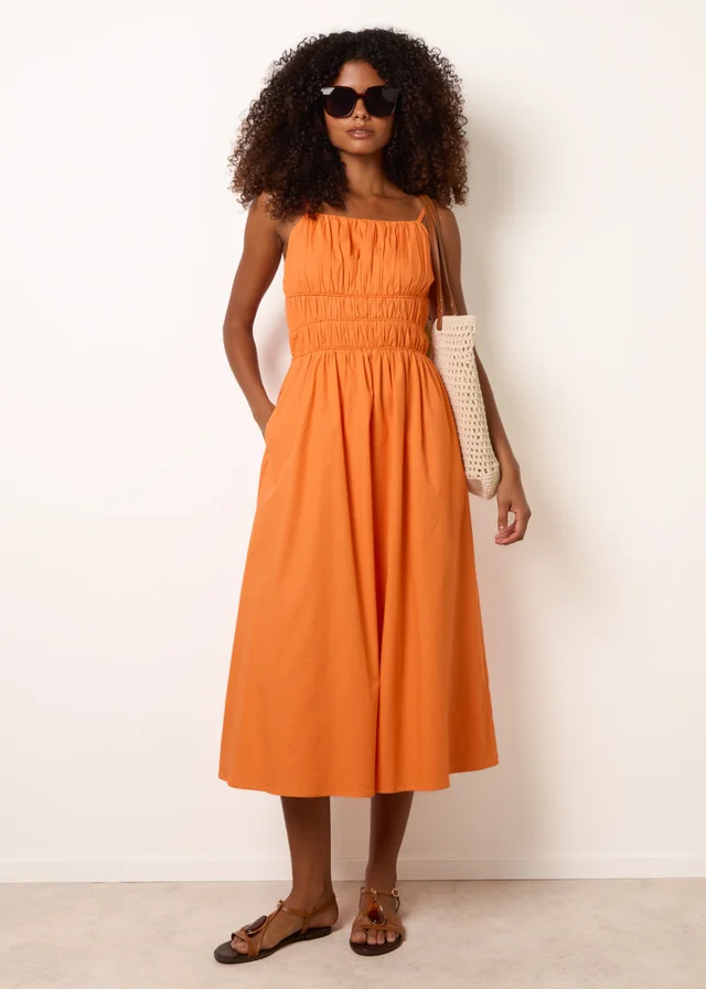 Blue Vanilla Orange Ruched Binding Strappy Midi Dress