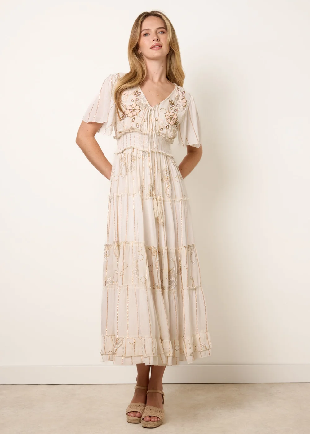 Blue Vanilla Beige Embellished Midi Dress - S/M Image 1
