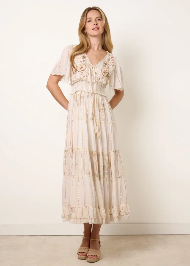 Blue Vanilla Beige Embellished Midi Dress