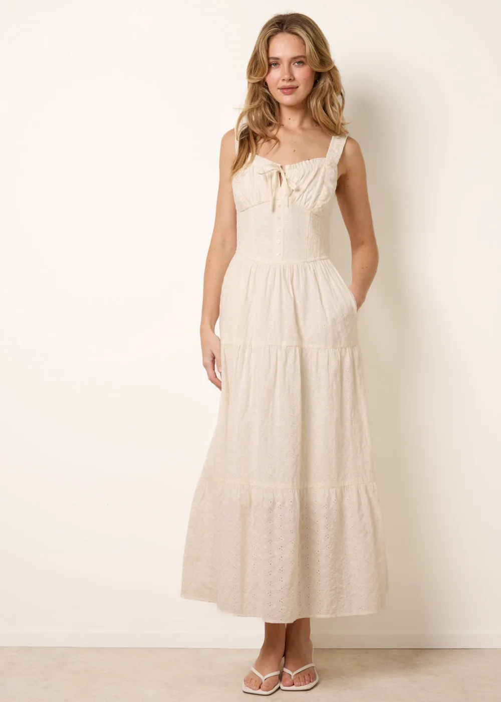 Blue Vanilla Ivory Broderie Button Down Maxi Dress - S Image 3