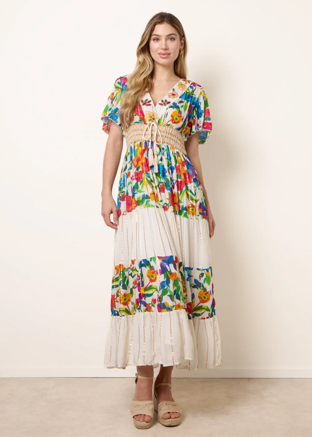 Blue Vanilla Multi Bright Print Tiered Dress - S Image 5