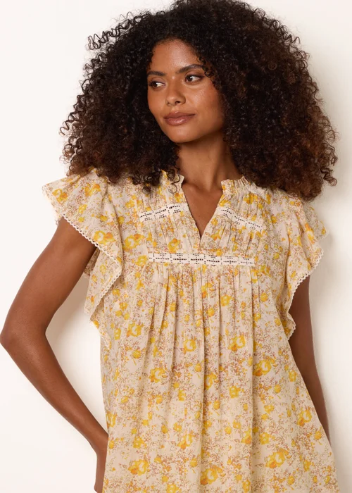 Blue Vanilla Yellow Ditsy Floral Cotton Ruffle Sleeve Top - L Image 1