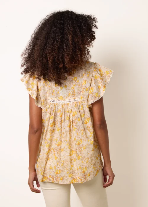 Blue Vanilla Yellow Ditsy Floral Cotton Ruffle Sleeve Top - L Image 4