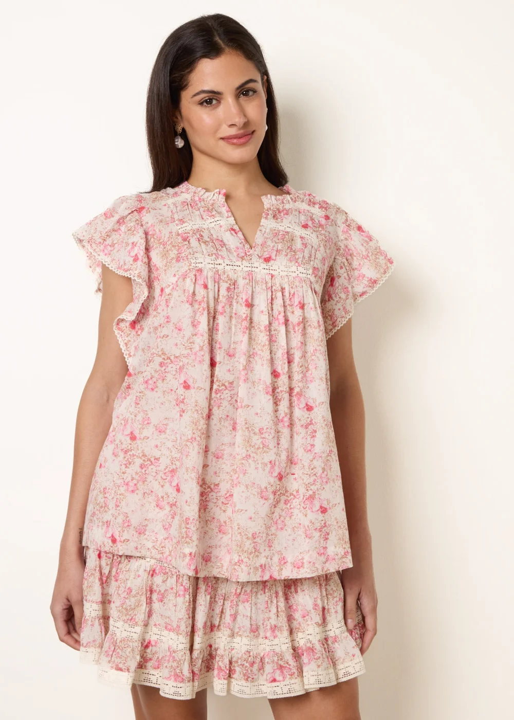 Blue Vanilla Pink Ditsy Floral Cotton Ruffle Sleeve Top - S Image 1
